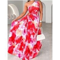 Printed One Shoulder Asymmetrical Maxi Dress- Red Dresses