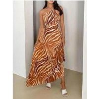Printed One Shoulder Asymmetrical Maxi Dress- Caramel Dresses