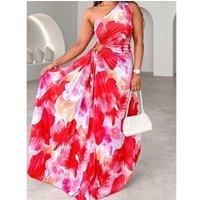 Printed One Shoulder Asymmetrical Maxi Dress- Red Dresses