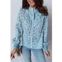 Everyday The Label Women's Sky Blue All Over Floral Puff Sleeve Shirt Blouses | Size: Small