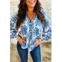 Everyday The Label Women's Sky Blue Ethnic Printed Tie Split Neck Button Front Puff Sleeve Shirt | Size: Medium