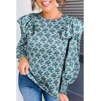 Everyday The Label Women's Green Abstract Print Shirred Cuff Puff Sleeve Blouse Blouses | Size: Medium