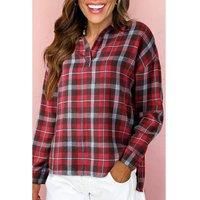 Everyday The Label Women's Red Plaid Print Collared V Neck Loose Blouse with Side Slits Blouses | Size: Small