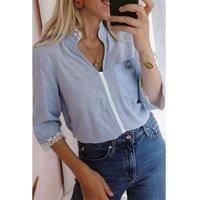 Everyday The Label Women's Beau Blue Lace Trim Patchwork Dotted Print Collared Denim Blouse | Size: Large