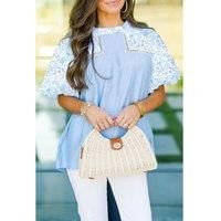 Everyday The Label Women's Beau Blue Lace Insert Floral Puff Sleeve Patchwork Loose Blouse | Size: Medium
