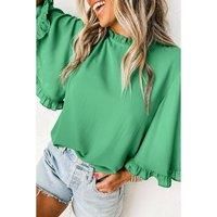 Everyday The Label Women's Green Frilly Round Neck Wide Half Sleeve Blouse Blouses | Size: XL