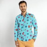 CLAUDIO LUGLI Men's Daisy Stripe Print Shirt in Aqua | Size: XL