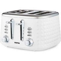 Geepas 4 Slice Bread Toaster with 7 Level Browning Control | Removable Crumb Tray, Defrost, Reheat & Cancel Function, Cord Storage | 2 Year Warranty, Textured Design, 1750W, White & Silver