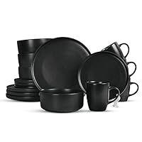 16 Piece Stoneware Dinnerware Set Kitchen Dining Set Mugs Bowls Plates, Black