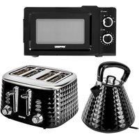 Geepas Electric Kettle 4 Slice Bread Toaster & Microwave Kitchen Set | 3000W 1.5L Traditional Pyramid Kettle | 1750W Toaster with 7 Level Browning Control | 700W Solo Manual Dial Microwave 20L | Black