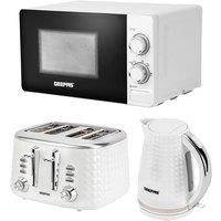 Geepas Electric Kettle 4 Slice Bread Toaster & Microwave Kitchen Set | 2200W 1.7L Textured Cordless Kettle | 1750W Toaster with 7 Level Browning Control | 700W Solo Manual Dial Microwave 20L | White