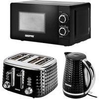 Geepas Electric Kettle 4 Slice Bread Toaster & Microwave Kitchen Set | 2200W 1.7L Textured Cordless Kettle | 1750W Toaster with 7 Level Browning Control | 700W Solo Manual Dial Microwave 20L | Black
