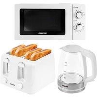 Geepas Electric Kettle 4 Slice Bread Toaster & Microwave Kitchen Set | 2200W 1.7L Illuminating Glass Kettle | 1400W Toaster with 6 Level Browning Control | 700W Solo Manual Dial Microwave 20L | White