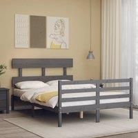 Bed Frame with Headboard Grey Double Solid Wood