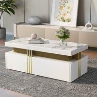 Modern Rectangular Coffee Table with Marble Veneer Top and 2 Wooden Drawers, Table in Trendy Design for Living Room, 100x50x40 cm, White Aosom UK