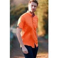 CLAUDIO LUGLI Men's Classic Satin Cotton Short Sleeve Shirt Pegasus Edition in Orange | Size: Large