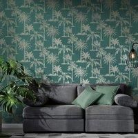 DUTCH WALLCOVERINGS Wallpaper Tropical Trees Teal and Silver