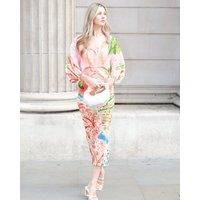 Leaves And Floral Scarf Pirnt Pleated Dress In Kimono Sleeves In Pink