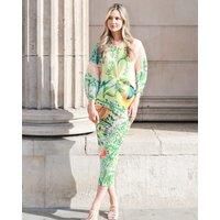 Leaves And Floral Scarf Pirnt Pleated Dress In Kimono Sleeves In Green