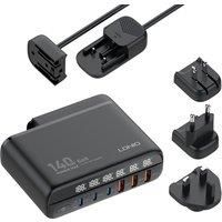 140W Desktop Charger GaN USB C Charger Hub Multi Port 6 USB Ports LED USB C Charging Station Wall Charger Power Strip Replaceable Travel Plug UK/USA/EU Made for MacBook, Dell XPS,iPhone, iPad, Lenovo