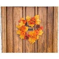 Berry Pine Cone Pumpkin Door Hanger - Autumn Harvest Decorative Wreath, Fabric & Natural Pine Cones