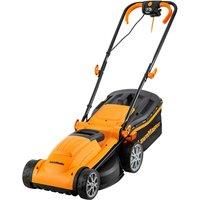 LawnMaster 1400W Electric Lawn Mower with 34cm cutting width, ideal for small to medium sized lawns. With 6 adjustable cutting heights and rear roller for striped finish, 2 year guarantee
