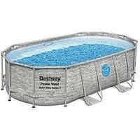 Bestway Power Steel Swim Vista Pool Set II, Family Swimming Pool with Windows, Rattan Print Garden Swimming Pool with Filter Pump, Ladder, Pool Cover and ChemConnect Dispenser, 14ft, Grey