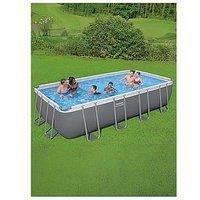 Bestway Power Steel Swimming Pool Complete Set Above Ground Rectangle Paddling Pool, 18/' x 9’, Grey