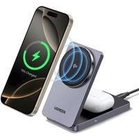 UGREEN 15W MagFlow MagSafe Charger for iPhone 16, Qi2 15W Wireless Charger Stand, 2-in-1 Mag Safe Charger Stand Compatible with iPhone 12/13/14/15/16 Series, AirPods 4/3/2/Pro 1/2