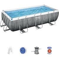 Bestway BW56721GB-21 Power Steel above ground pool, with filter and ladder, Grey rattan Print, 13.3 FT, 13.3ft