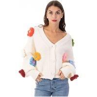 Chunky Hand-Knit Floral Pattern Cardigan Cozy Oversized Fit