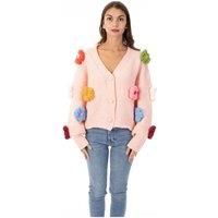 CY Women's Chunky Hand-Knit Floral Pattern Cardigan Cozy Oversized Fit in Pink