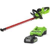 Greenworks Cordless Brushless Hedge Trimmer 24V GD24HT61K2, 61cm Dual Action Blade, Cuts up to 25.4mm Thick Branches and Stems 3200 spm with 2Ah Battery & Charger, 3 Year Guarantee