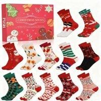 12-Pair Christmas Socks Gift Box - Festive Countdown Surprise for Kids & Teens