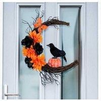 Halloween Orange & Black Crow Moon Wreath Door Hanging - Decorative Wall Art, Durable Mixed Materials, Spooky Statement Piece