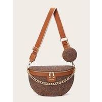 Unisex Black Vintage-Style Printed Crossbody Waist Bag With Multi-Way Carry Options - Round Or Square