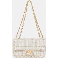 Unisex Retro-Inspired Women'S Woollen Plaid Square Bag With Chain - Off-White Or Black