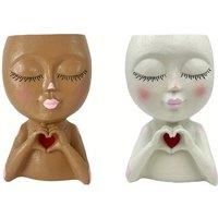 2Pc Cartoon Resin Flower Pot With Heart Motif - 15Cm - White Or Brown