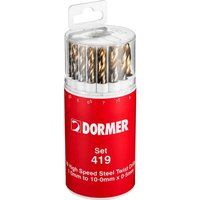 Dormer A094419 HSS High Speed Steel Jobber Drill Bit Set with 118 Degree Tin Tipped Split Point, Set of 19