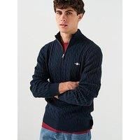 Gant Cotton Cable 1/4 Zip Knitted Jumper - Navy