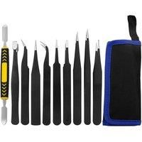10/11Pcs ESD Industrial Tweezers Set Anti-Static Stainless Steel Curved Pointed Tweezers Kit