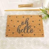 Oh Hello Grey Door Mat Natural Coir Entrance Rug Shoes - Non-Slip Backing - 60 x 40cm