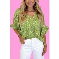 Everyday The Label Women's Green Floral Print Ruffle Sleeve V Neck Blouse Top Blouses | Size: Small