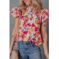 Everyday The Label Women's Multicolour Lace Trim Ruffle Short Sleeve Floral Blouse Blouses | Size: XL