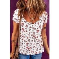 Everyday The Label Women's White Boho Floral Ruched Cinched Short Sleeve Blouse Blouses | Size: XL