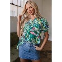 Everyday The Label Women's Green Brushwork Geometric Print Puff Sleeve Notched Neck Blouse | Size: Large
