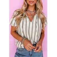 Everyday The Label Women's Gray Stripe Frilled Tie Neck Short Sleeve Blouse Blouses | Size: Medium