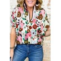 Everyday The Label Women's Pink Floral Print Slit V Neck Short Sleeve Blouse Blouses | Size: Medium