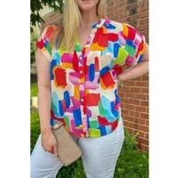 Everyday The Label Women's Colorful Brush Stroke Printed Plus Size Button Split Neck Blouse | Size: 3XL