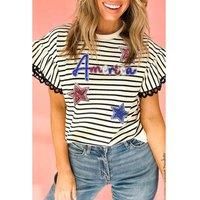 Everyday The Label Women's Black Stripe Sequin America Star Graphic Ric Rac Flutter Sleeve Blouse | Size: Small